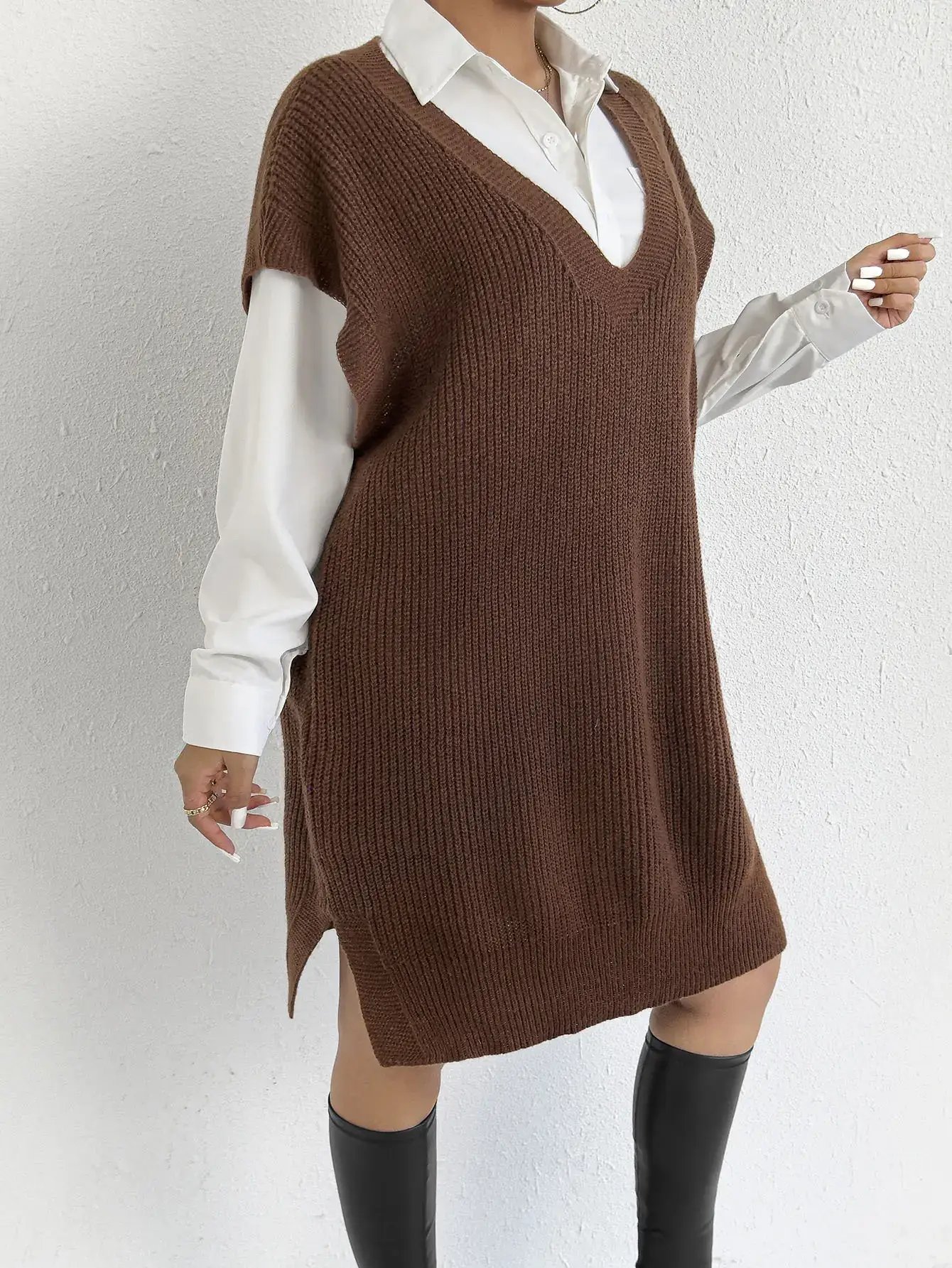 Women's V-Neck Loose Vest Dress Brown Belted — feature 16