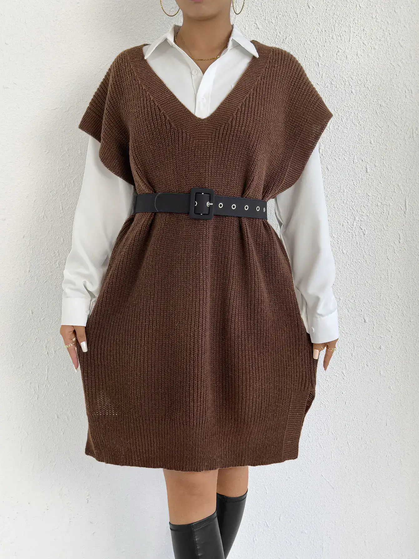 Women's V-Neck Loose Vest Dress Brown Belted — feature 19