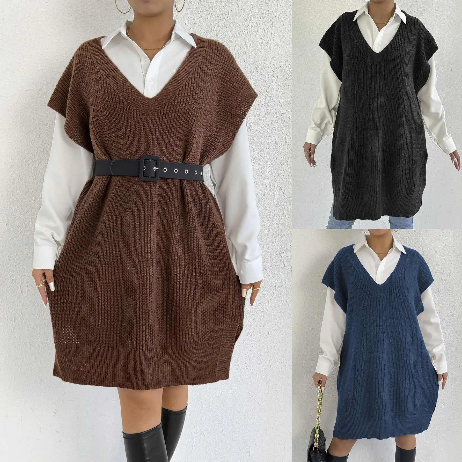 Women's V-Neck Loose Vest Dress Brown Belted — feature 2