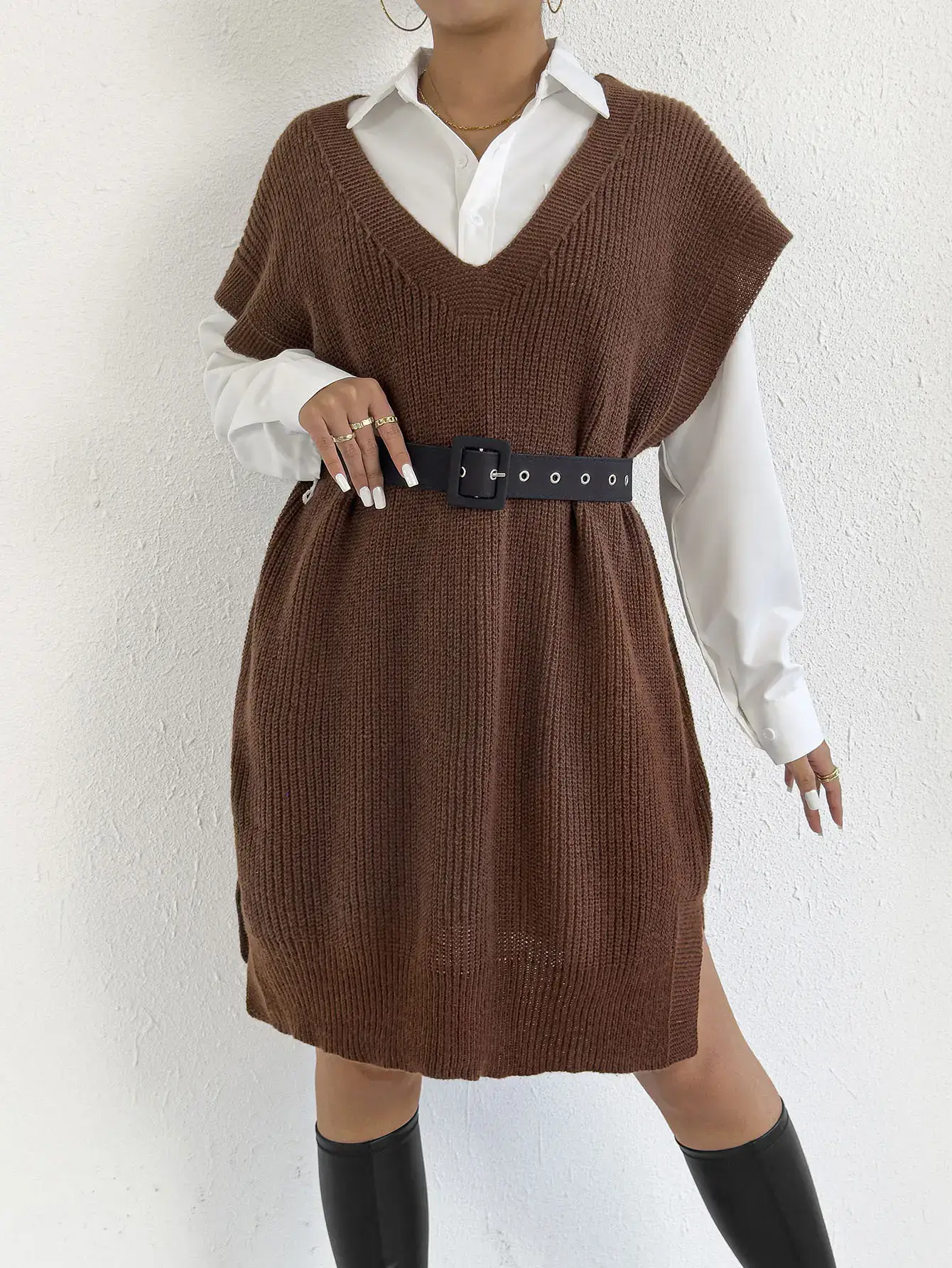 Women's V-Neck Loose Vest Dress Brown Belted — feature 20