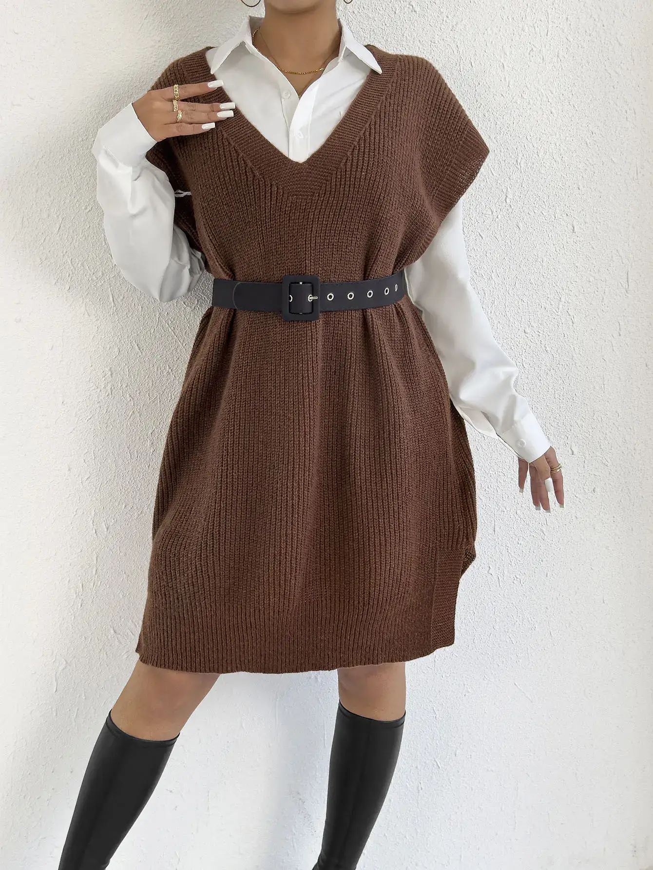 Women's V-Neck Loose Vest Dress Brown Belted — feature 21