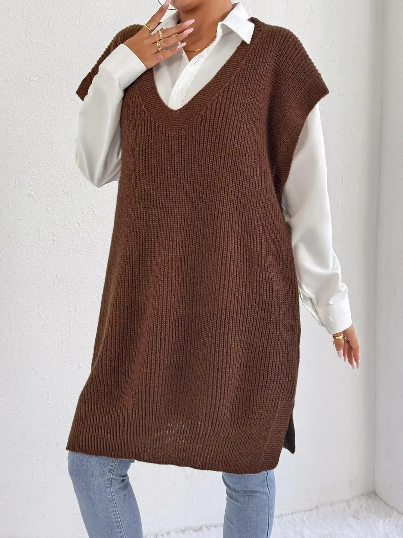 Women's V-Neck Loose Vest Dress Brown Belted — feature 22