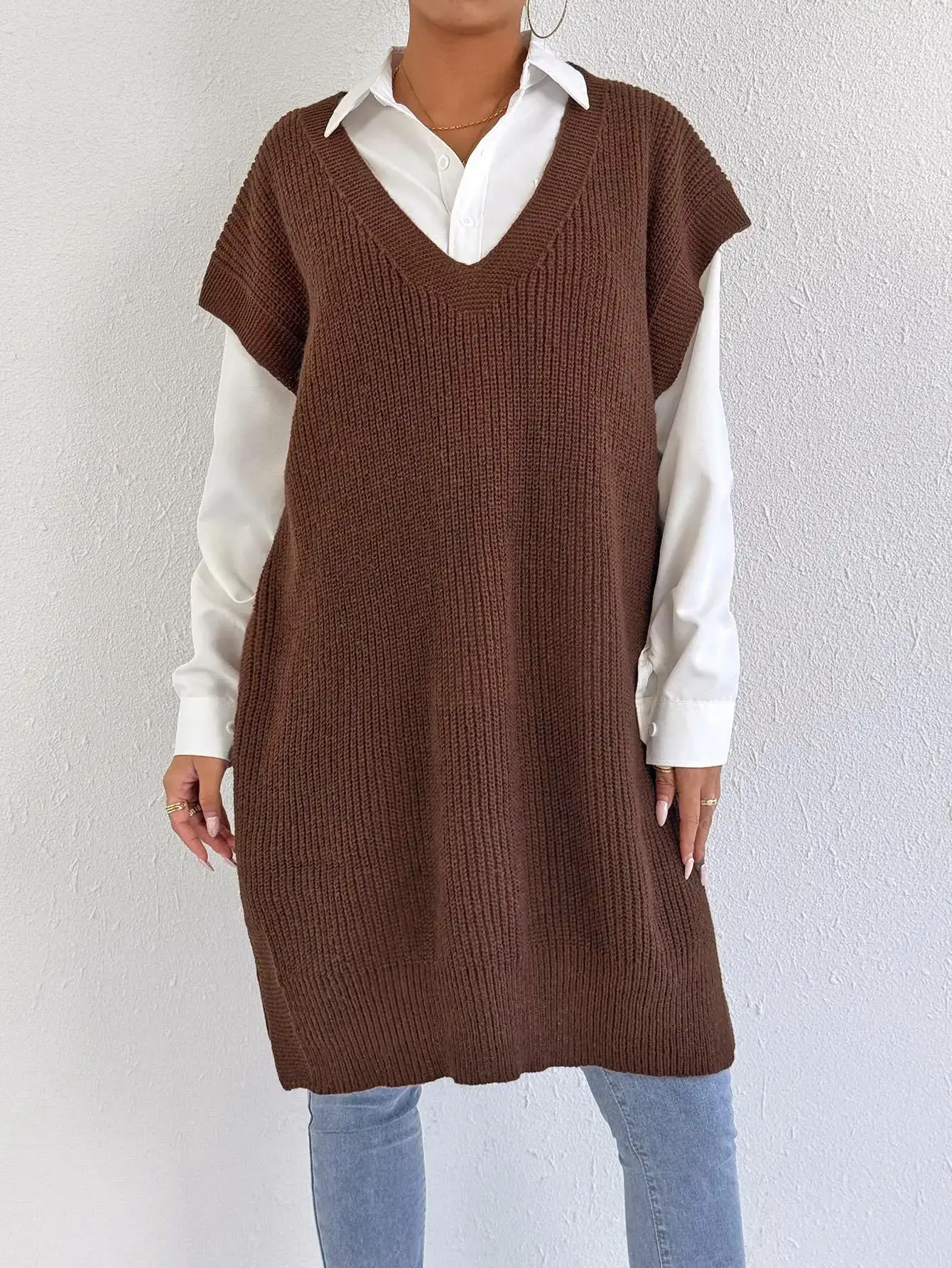 Women's V-Neck Loose Vest Dress Brown Belted — feature 24