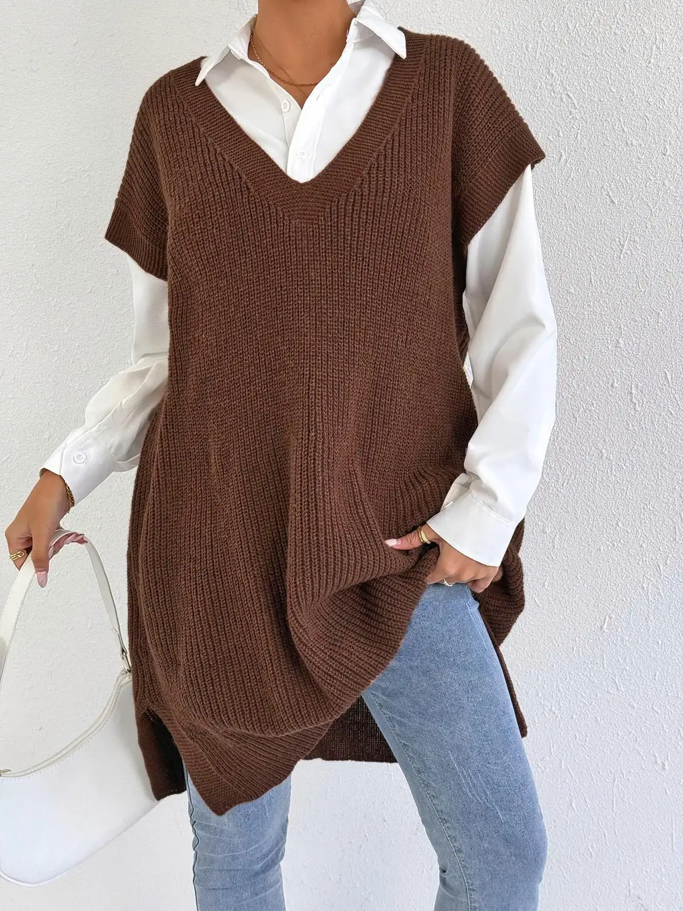 Women's V-Neck Loose Vest Dress Brown Belted — feature 25