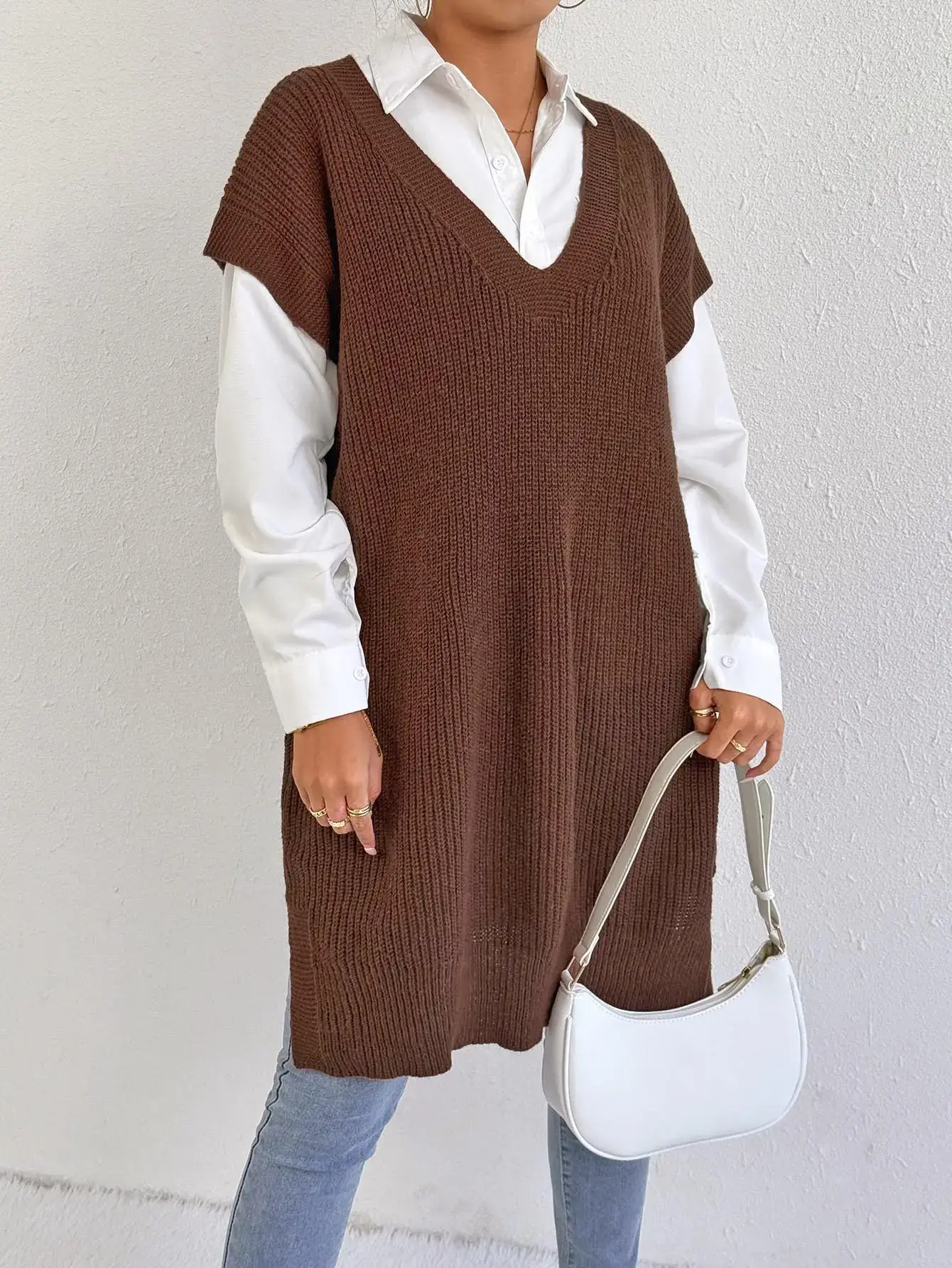 Women's V-Neck Loose Vest Dress Brown Belted — feature 26
