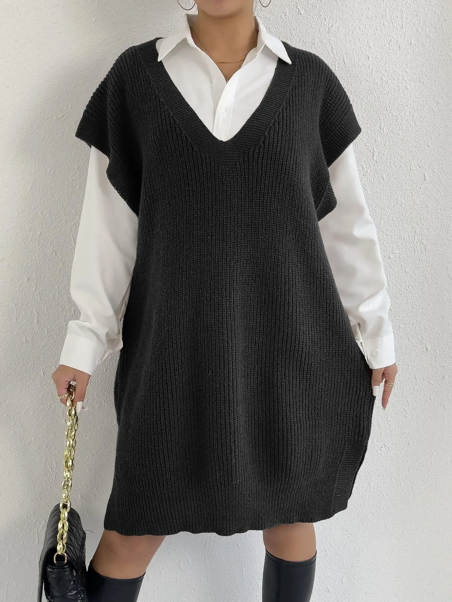 Women's V-Neck Loose Vest Dress Brown Belted — feature 5