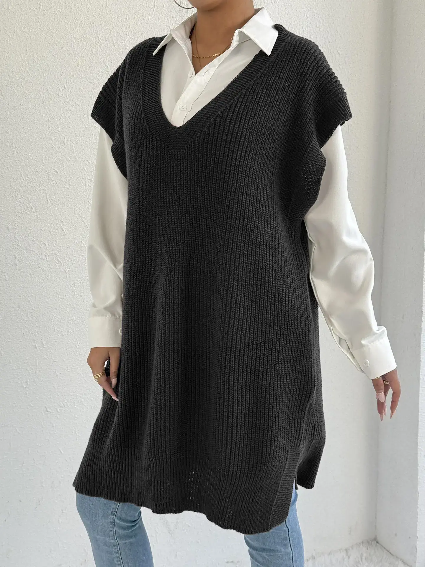 Women's V-Neck Loose Vest Dress Brown Belted — feature 6
