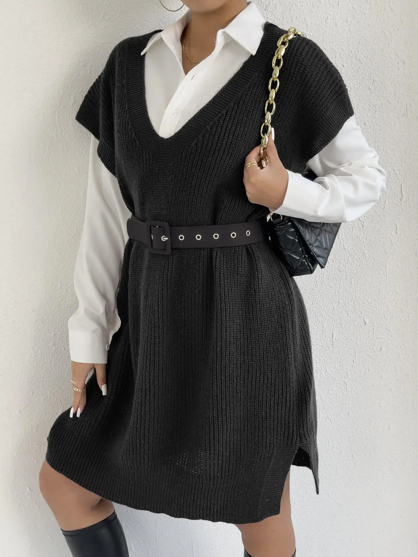 Women's V-Neck Loose Vest Dress Brown Belted — feature 8