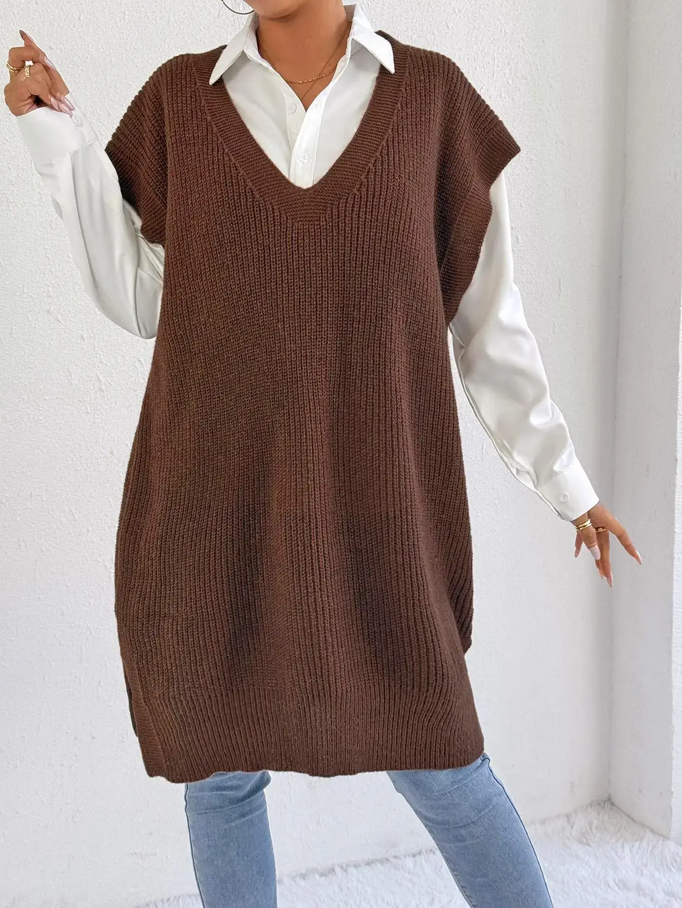 Women's V-Neck Loose Vest Dress Brown Belted