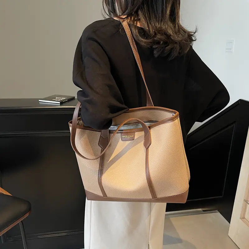 Women's Large Tan Tote Bag with Leather Handles - Image 7