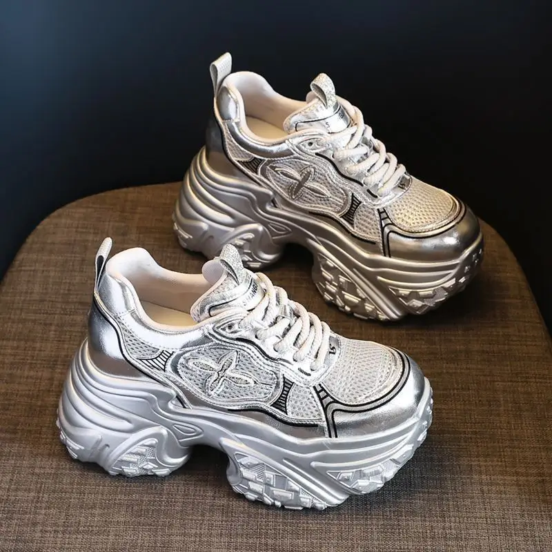 Women Silver Chunky Sneakers 2025 Comfortable Casual - Image 2
