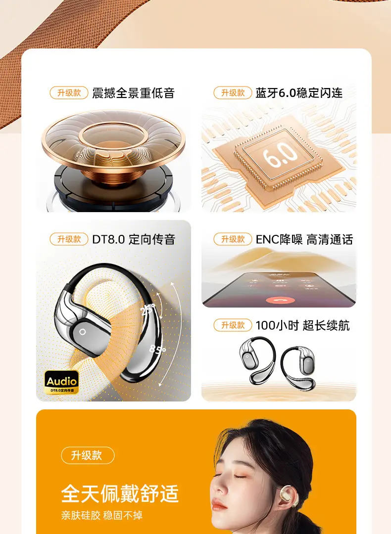 Bluetooth Headset Does Not Enter the Ear Bone Conduction True Wireless Bluetooth Headset 2025 New Ear Clip Ear Hanging Type Men's and Women's Sports — feature 5