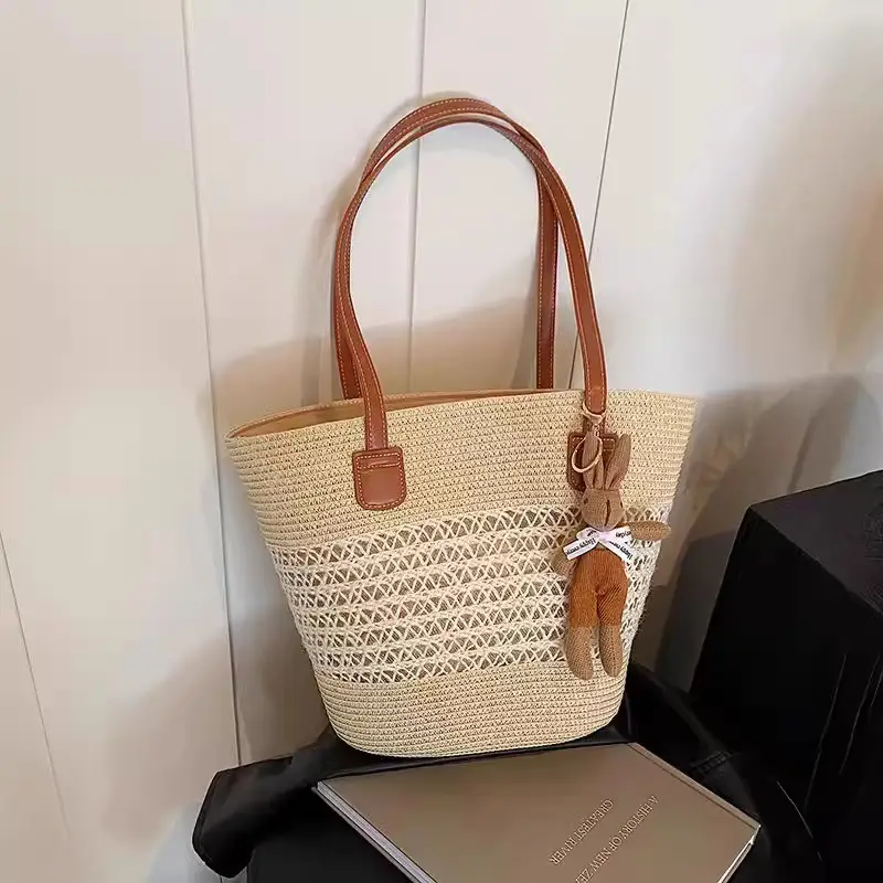 Women Woven Straw Beach Bag Large Capacity Shoulder Bag - Image 3