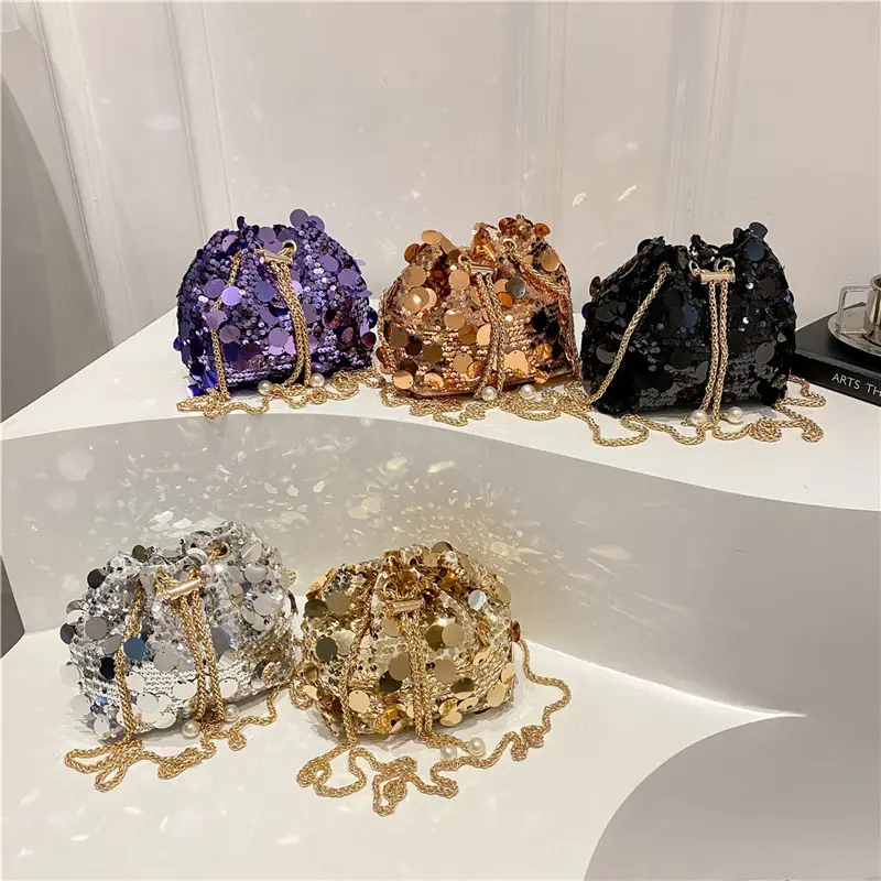 Large Sequin Chain Crossbody Bag Gold Black Purple