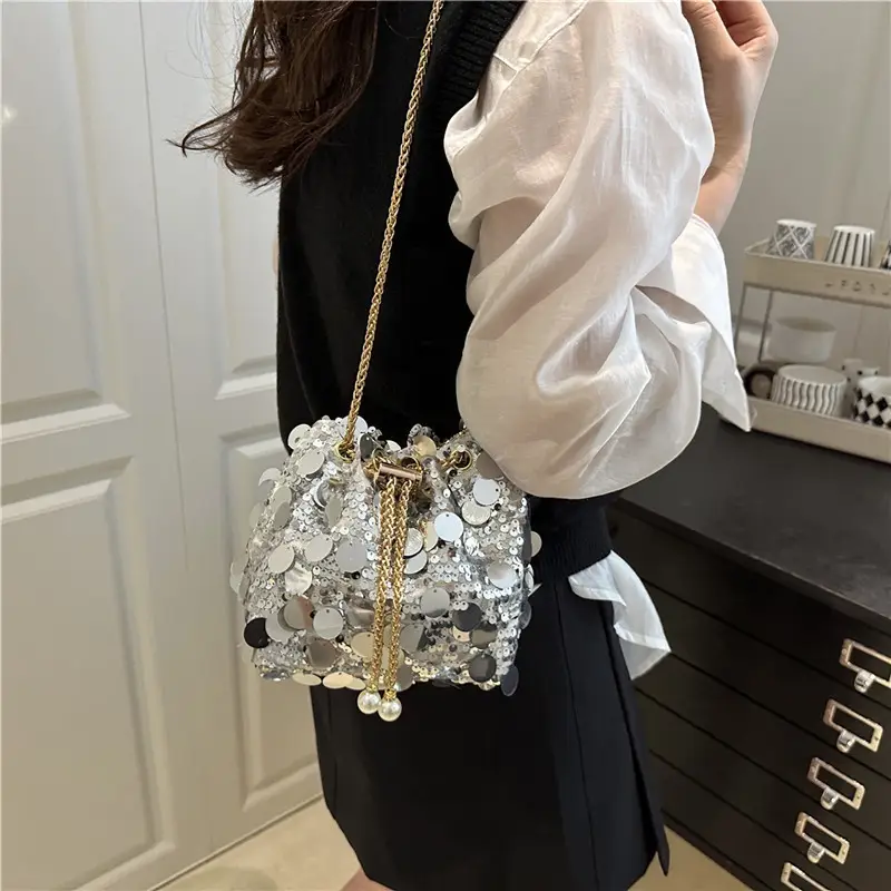 Large Sequin Chain Crossbody Bag Gold Black Purple