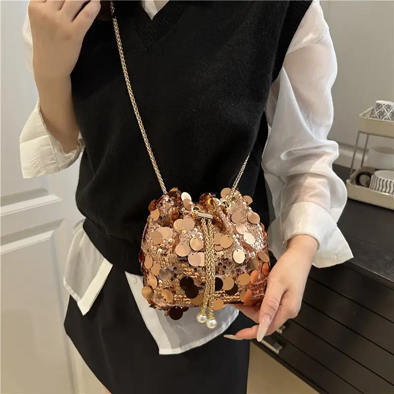 Large Sequin Chain Crossbody Bag Gold Black Purple