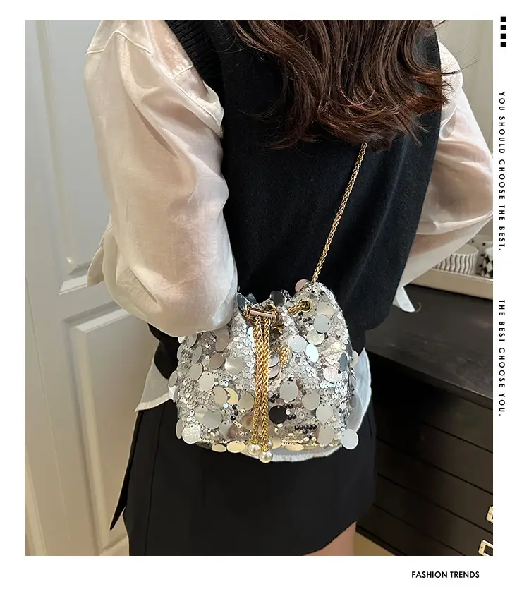 Large Sequin Chain Crossbody Bag Gold Black Purple — feature 1
