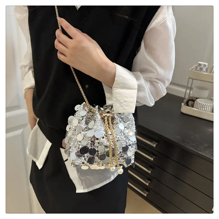 Large Sequin Chain Crossbody Bag Gold Black Purple — feature 12