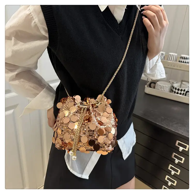 Large Sequin Chain Crossbody Bag Gold Black Purple — feature 14