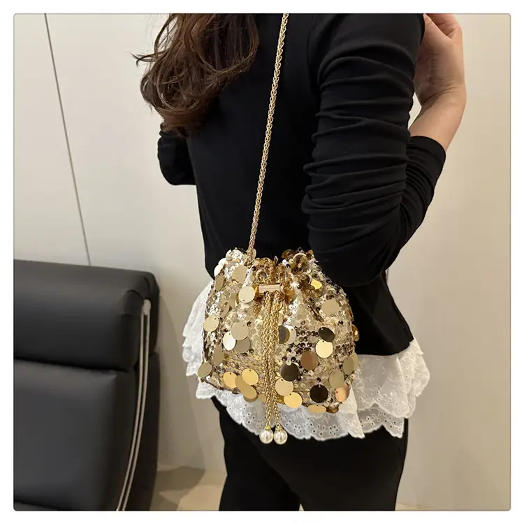 Large Sequin Chain Crossbody Bag Gold Black Purple — feature 16
