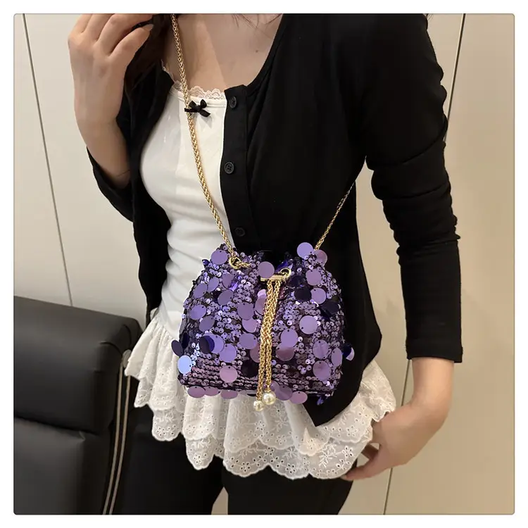 Large Sequin Chain Crossbody Bag Gold Black Purple — feature 19