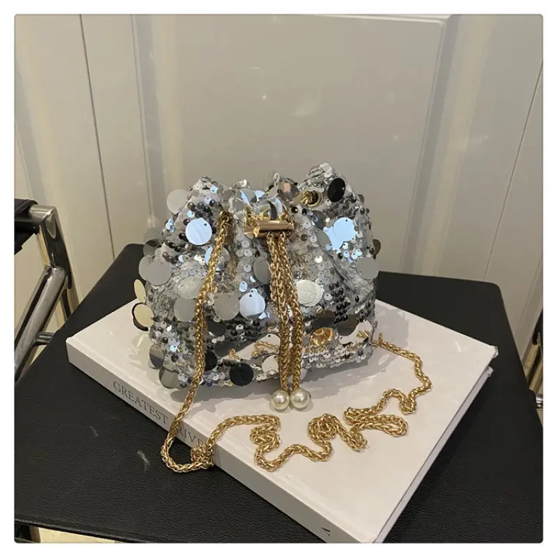 Large Sequin Chain Crossbody Bag Gold Black Purple