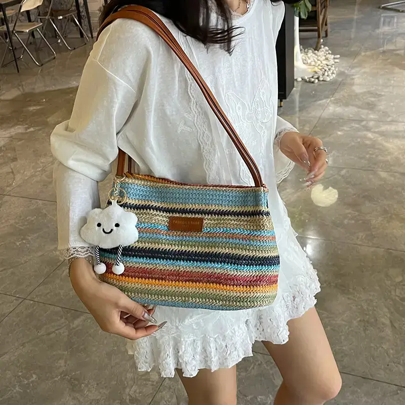 2025 New Striped Bucket Bag Women's Lazy Style Casual Vacation Beach Bag Crossbody Bag Fashion Shoulder Bag Women luggage and leather goods - Image 6