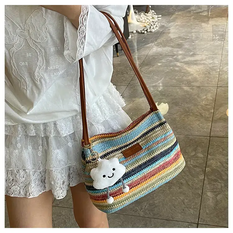 2025 New Striped Bucket Bag Women's Lazy Style Casual Vacation Beach Bag Crossbody Bag Fashion Shoulder Bag Women luggage and leather goods — feature 11