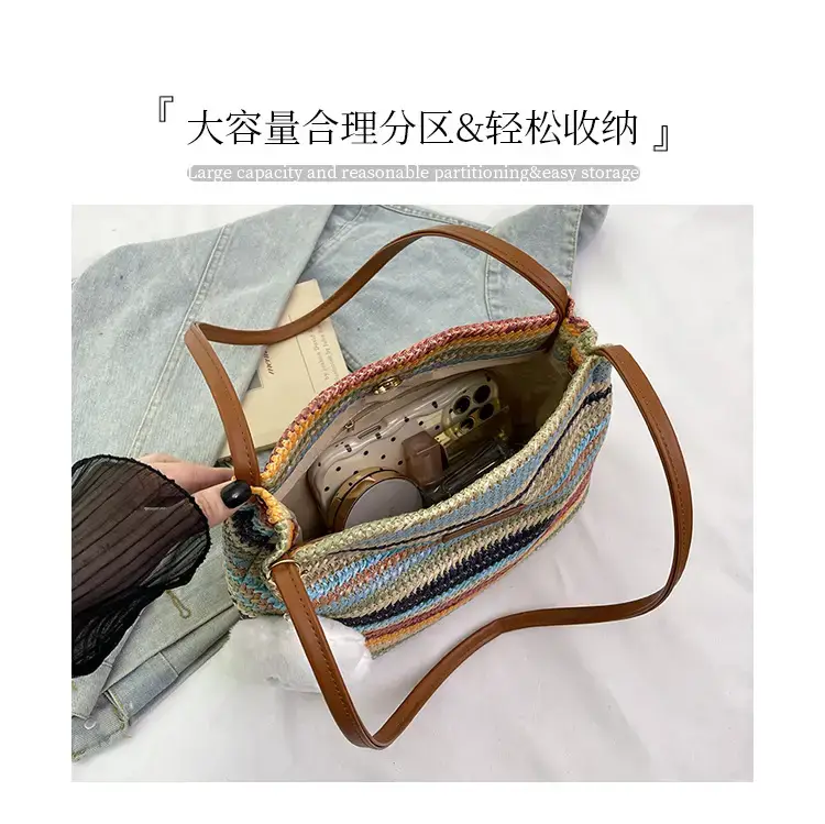 2025 New Striped Bucket Bag Women's Lazy Style Casual Vacation Beach Bag Crossbody Bag Fashion Shoulder Bag Women luggage and leather goods — feature 5