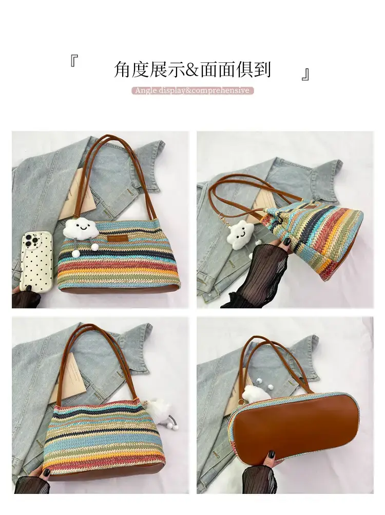 2025 New Striped Bucket Bag Women's Lazy Style Casual Vacation Beach Bag Crossbody Bag Fashion Shoulder Bag Women luggage and leather goods — feature 6