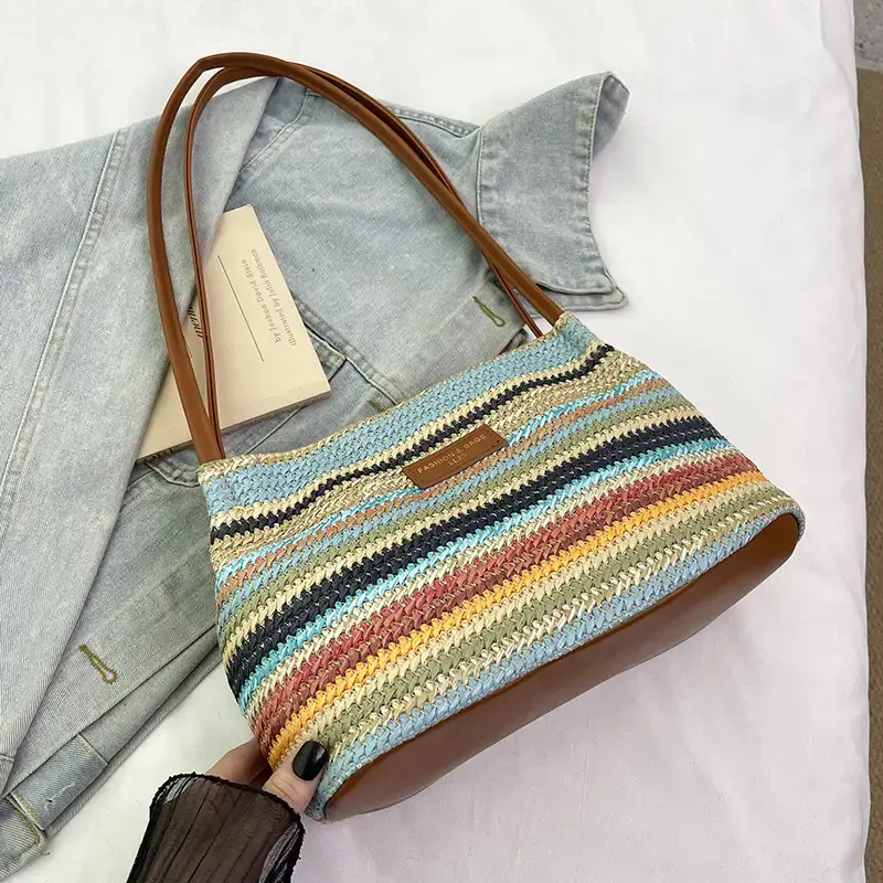 2025 New Striped Bucket Bag Women's Lazy Style Casual Vacation Beach Bag Crossbody Bag Fashion Shoulder Bag Women luggage and leather goods - Image 4