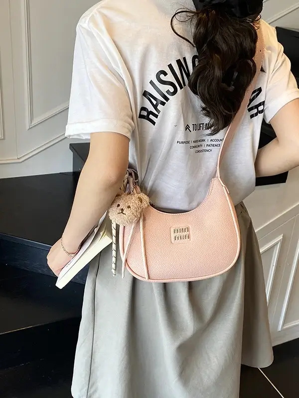 Pink Women's Shoulder Bag with Pom Pom Charm - Image 8