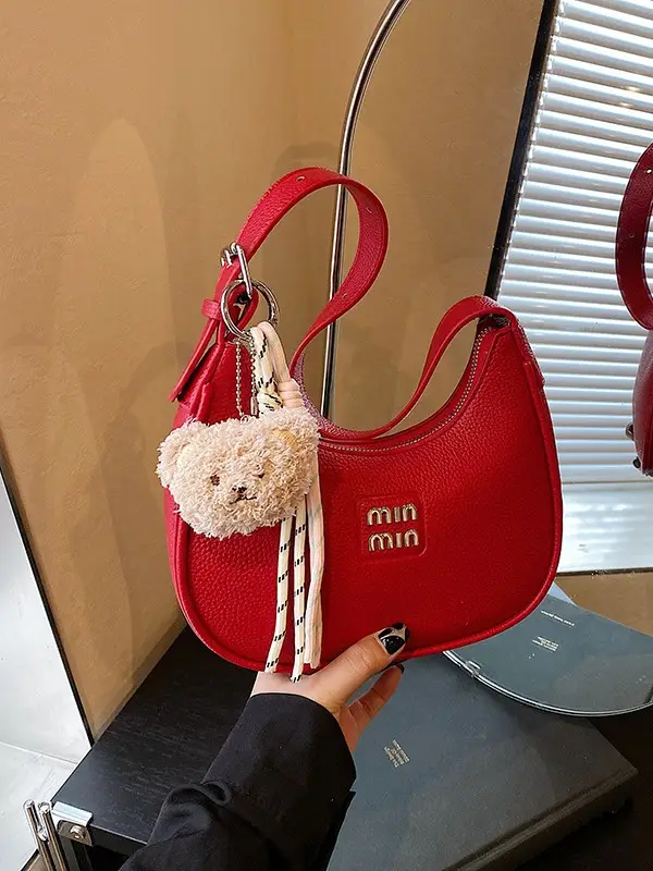 Pink Women's Shoulder Bag with Pom Pom Charm - Image 9