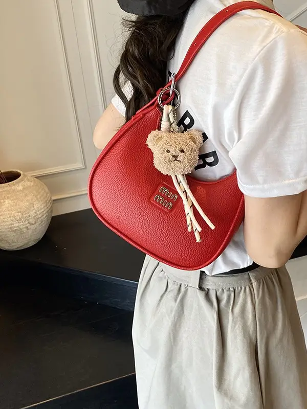 Pink Women's Shoulder Bag with Pom Pom Charm - Image 10