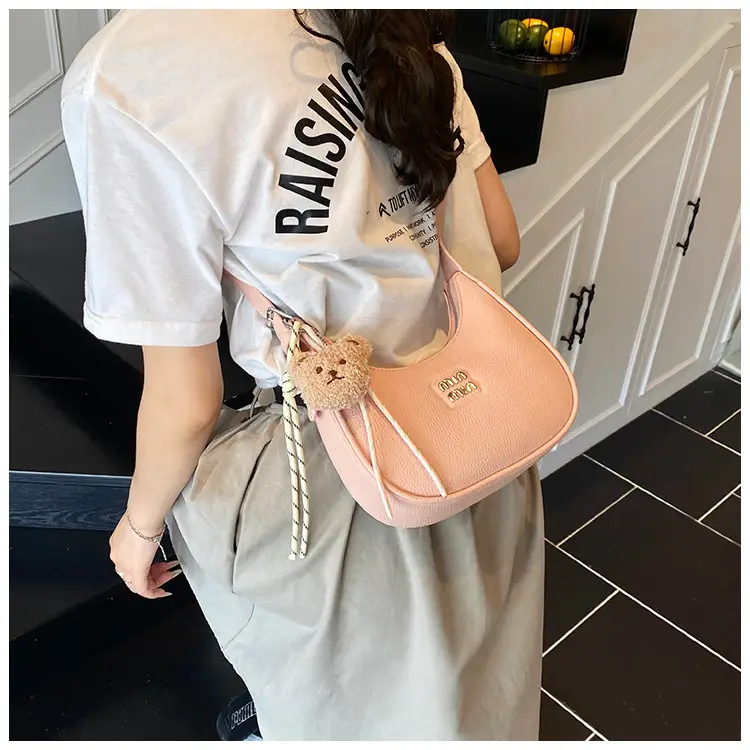 Pink Women's Shoulder Bag with Pom Pom Charm — feature 10