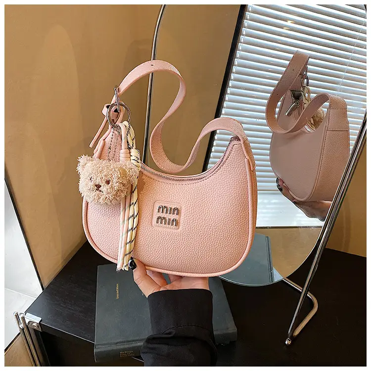 Pink Women's Shoulder Bag with Pom Pom Charm — feature 34