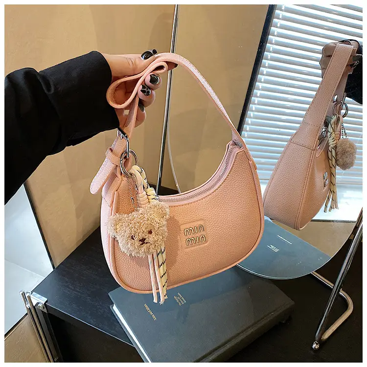 Pink Women's Shoulder Bag with Pom Pom Charm — feature 35