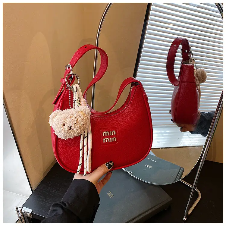 Pink Women's Shoulder Bag with Pom Pom Charm — feature 36