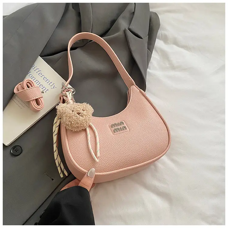 Pink Women's Shoulder Bag with Pom Pom Charm — feature 40