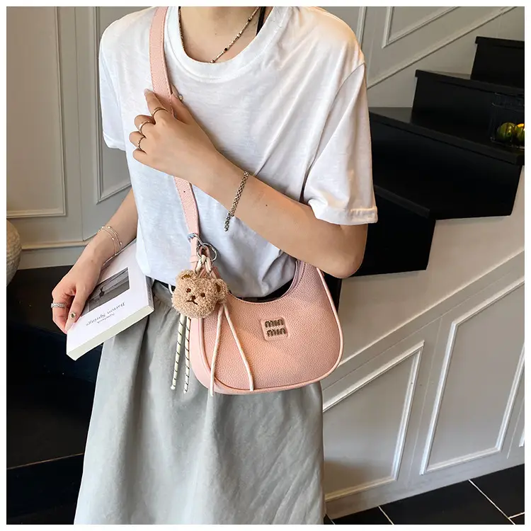 Pink Women's Shoulder Bag with Pom Pom Charm — feature 9