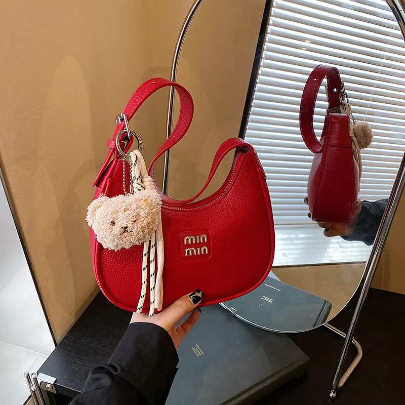 Pink Women's Shoulder Bag with Pom Pom Charm - Image 2