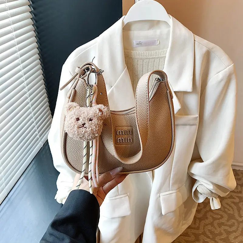 Pink Women's Shoulder Bag with Pom Pom Charm - Image 3