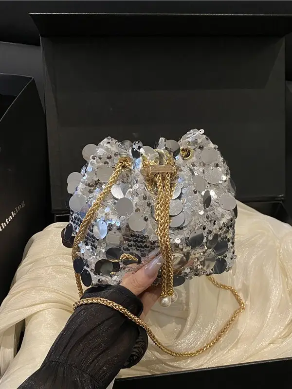 Large Sequin Crossbody Bag with Chain Strap