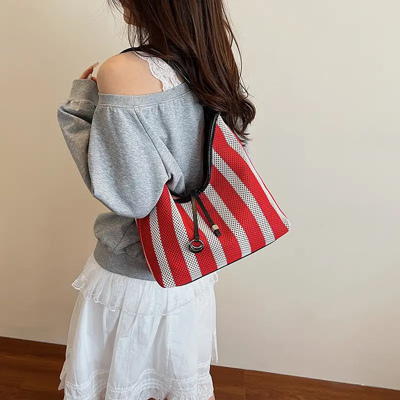 Red Striped Women's Shoulder Bag with Black Handle