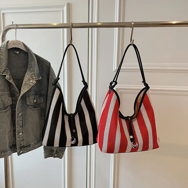 Red Striped Women's Shoulder Bag with Black Handle