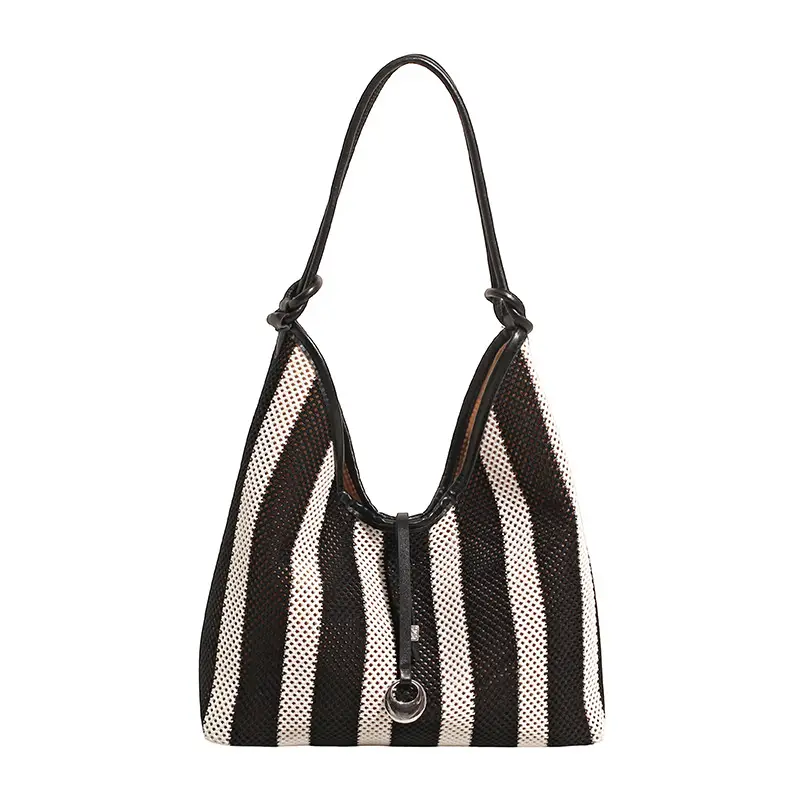 Red Striped Women's Shoulder Bag with Black Handle