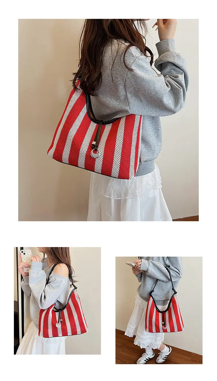 Red Striped Women's Shoulder Bag with Black Handle — feature 11