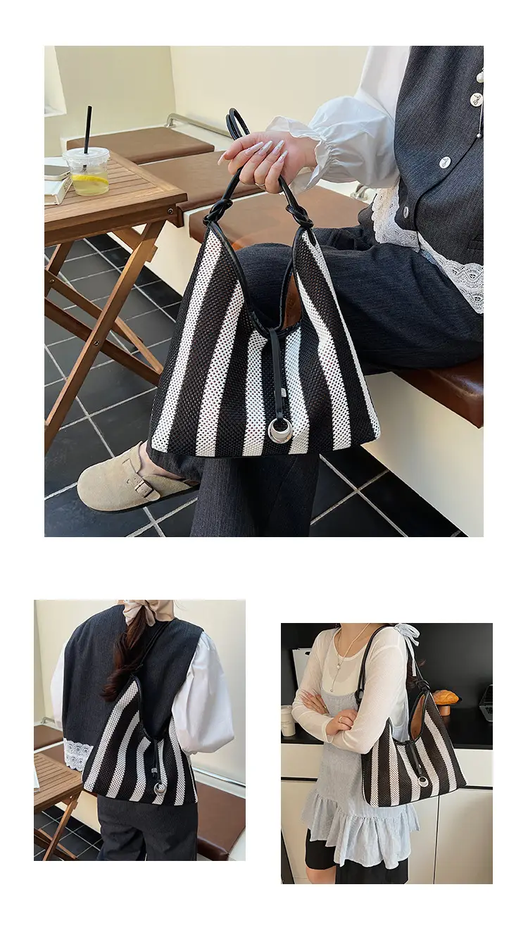 Red Striped Women's Shoulder Bag with Black Handle — feature 12