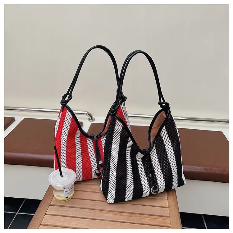 Red Striped Women's Shoulder Bag with Black Handle — feature 13