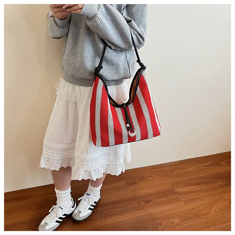 Red Striped Women's Shoulder Bag with Black Handle — feature 14